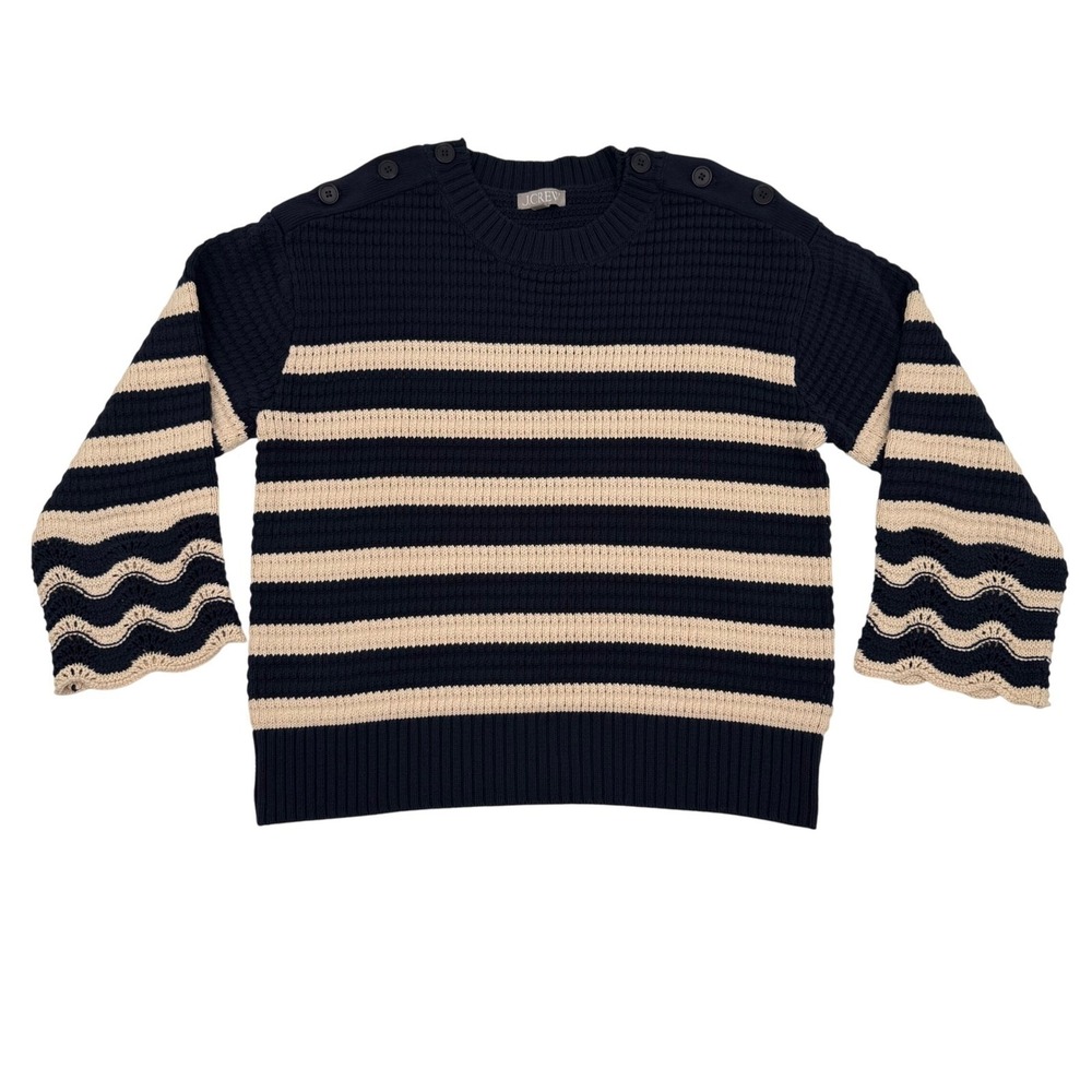 J. Crew Textured Striped Crewneck Pullover Sweater M Navy Ivory Relaxed Fit